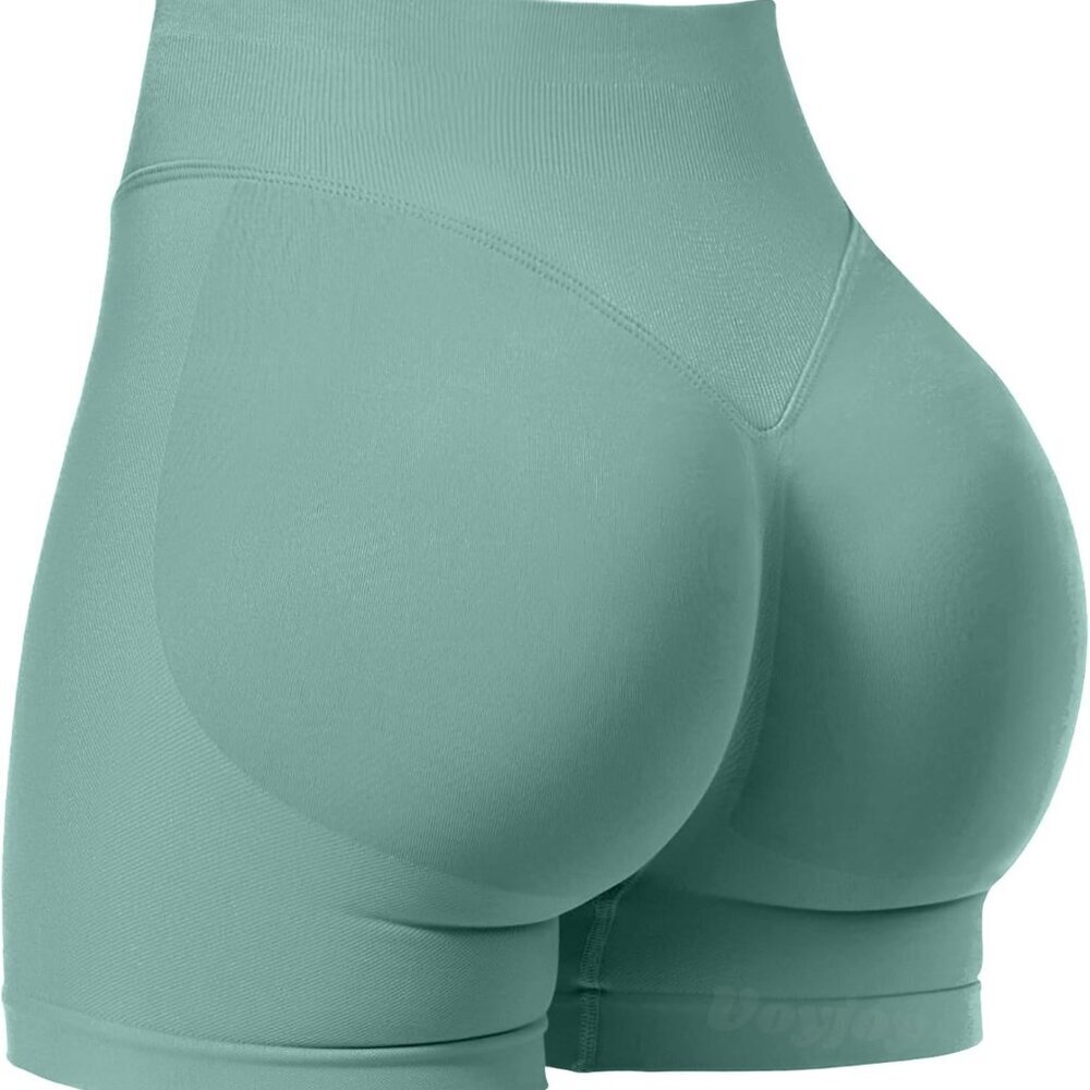 Women Workout Impact Shorts - Pistachio - Medium - 4.5 Inch Y-Shape Seamless Scr